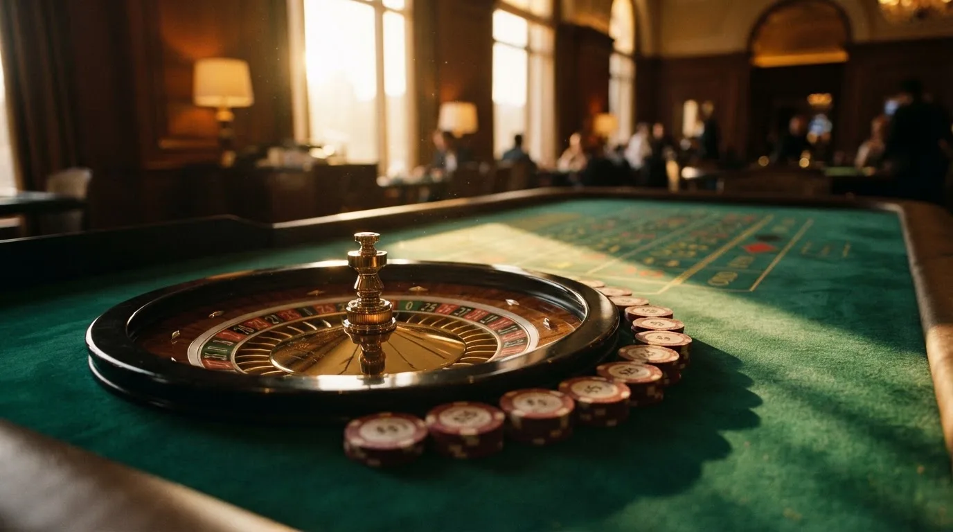 Roda de roleta e fichas sobre feltro verde, sob uma luz quente de fim de tarde — top casinos em portugal