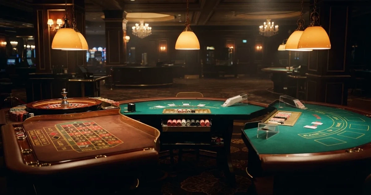 Três mesas de jogo diferentes lado a lado numa sala calma e calorosamente iluminada — top casinos em portugal