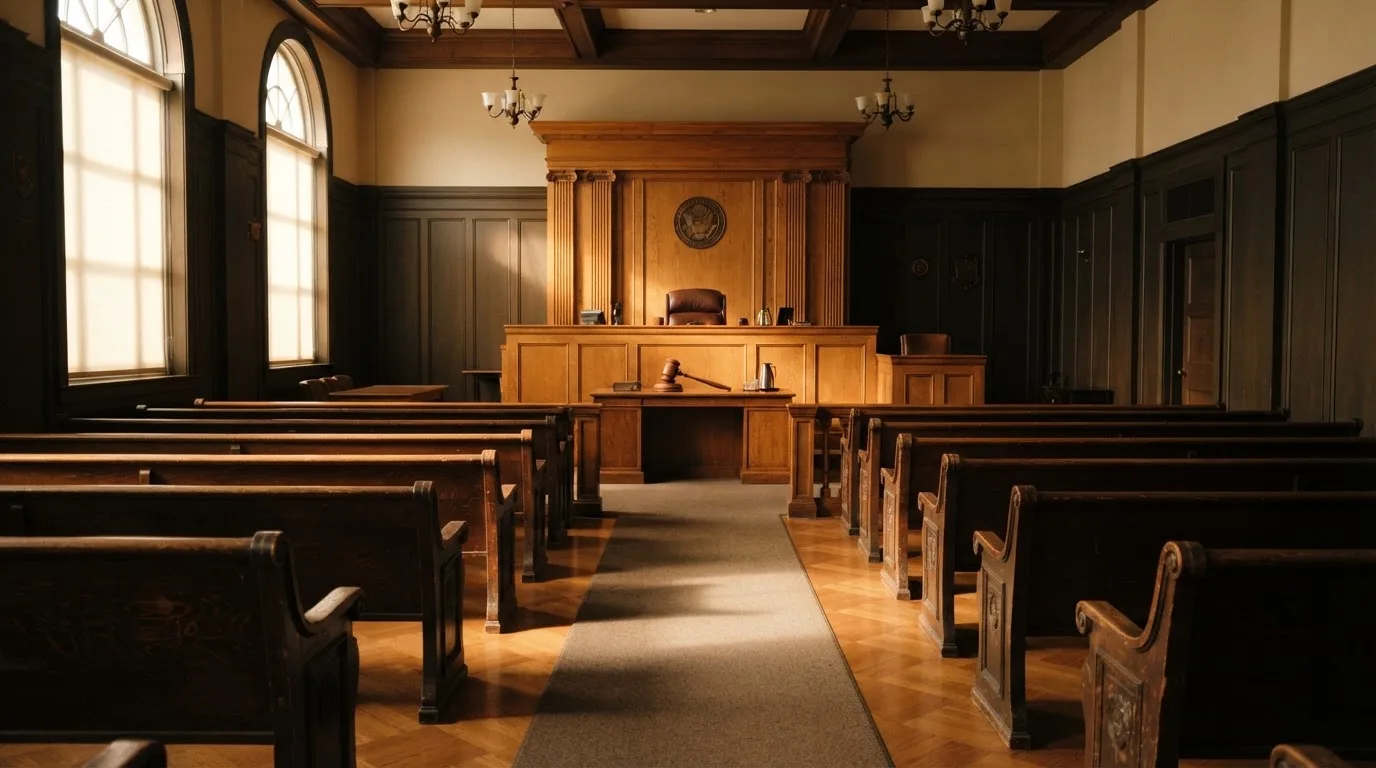 Sala de tribunal vazia com painéis de madeira, à luz da manhã — truques de casino em portugal