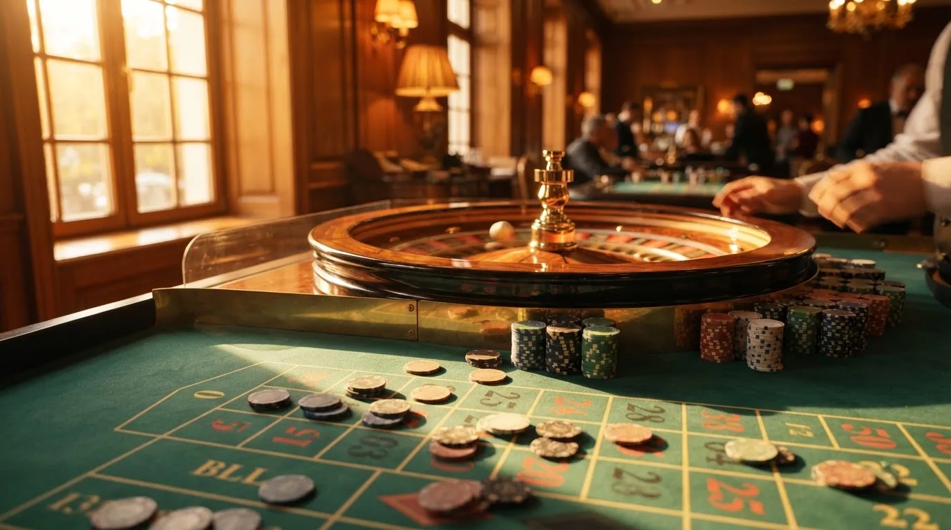 Roda de roleta e fichas sobre feltro verde, sob uma luz quente de fim de tarde — truques de casino em portugal